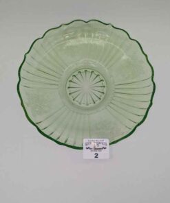 Green Depression glass shallow bowl with Sunburst patterned centre