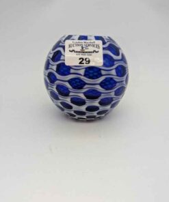 Blue and White Art Glass Sphere in Honeycomb Pattern
