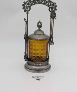 Amber glass pickle castor quadruple plated with tongs