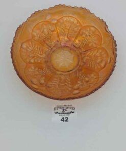 "Peacock & Grape" pattern marigold carnival glass ruffled bowl