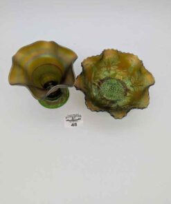 Northwood Fine rib pattern carnival glass vase & Fenton Stag & Holly footed candy bowl
