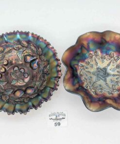 Early 1900s Ruffle edged Carnival glass bowls; Star of David & Bows; Three fruit pattern