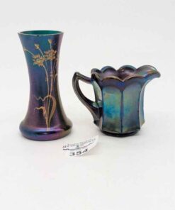 Carnival glass creamer & Vase with gold floral overlay