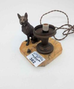 Early 1900s Art Deco Marble Base Florentine Table Lamp Featuring a German Shepherd