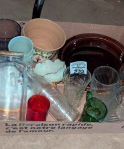 Glasses, footed candy bowl, embossed bottle, etc