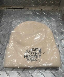 Beige eat sleep hockey repeat touque
