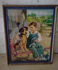 Antique Dog and pup framed picture