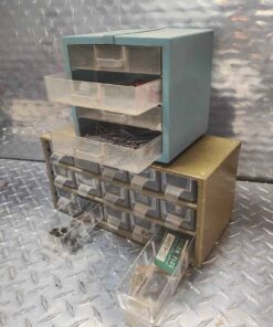 15 drawer gold color and 4 drawer turquoise parts storage with contents
