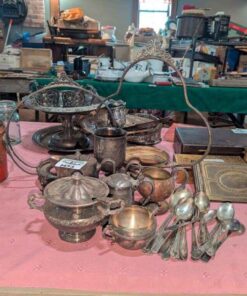Plated cream and sugar servers, spoons, lamp/vase cradles, chalice, etc