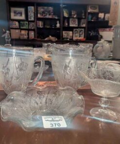 1950s Jeannette glass pitchers, Compote and ruffled edged bowl