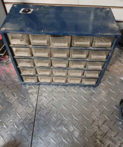 Blue 25 drawer storage cabinet with contents