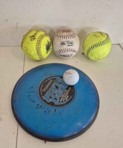 3 baseballs and frisbees