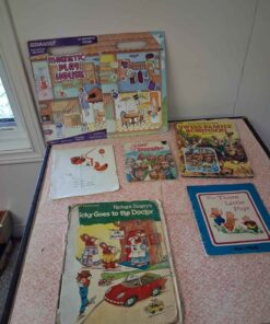 Assorted children books and magnetic kitchen