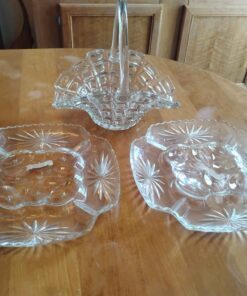 Cut glass fruit basket and 2 serving plates