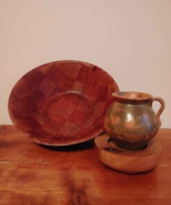 Wooden bowl wooden stand and clay cream pot