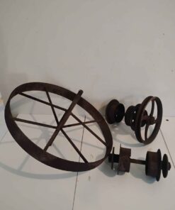 Antique wheelbarrow wheel and 2 sets of trolley wheels