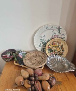 Assorted baskets and floral plate