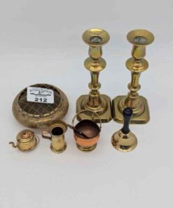 Brass candlestick holders, vase with floral frog, bell, miniature kettle, etc