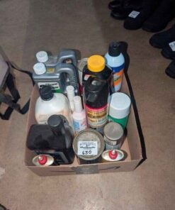Assorted oils, raid, paint, etc