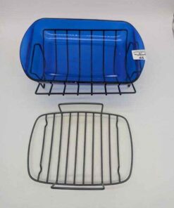 Roasting rack and blue glass casserole dish