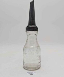 Brookins Mfg glass oil bottle w/Moore & King mfg spout