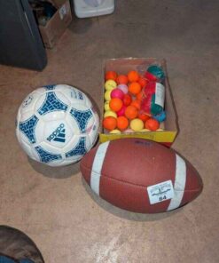Soccer ball, football, golfballs and juggling balls