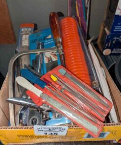 Files, hand saws, riveter, torch iron, masonry drill bit, air hose, etc