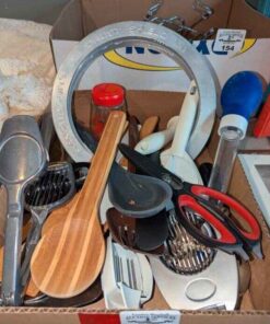 Wooden serving spoons, pie crust covers, garlic press, etc