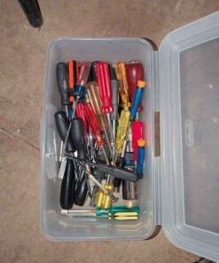 Screwdrivers and plastic tote