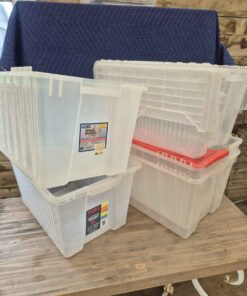 Six clear storage totes some May have a hole or missing lids