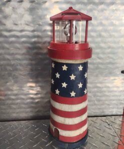 Solar powered 15 inch American themed lighthouse with rotating beacon