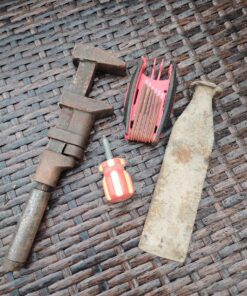 Antique pipe wrench chisel etc