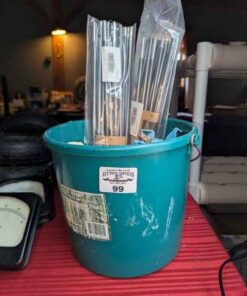 Tent pegs, poles and bucket