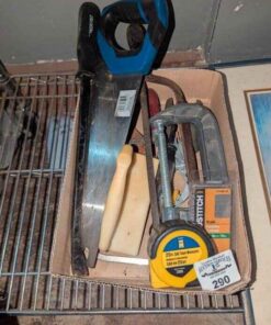 Large C Clamp, hand saw, pry bar & assorted hand tools
