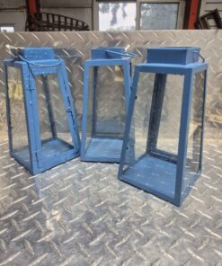 3 blue outdoor metal candle holders