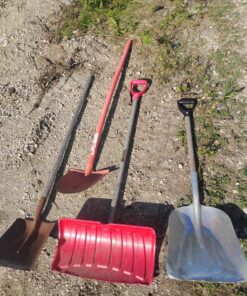 Three shovels and one red scraper