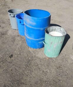 3 waist cans and blue barrel