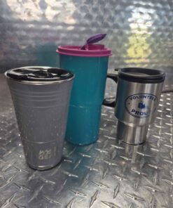 Tupperware tumbler with lid and 2 stainless mugs
