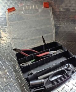 Black and clear storage organizer with tools