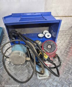 Blue parts bin with pumps