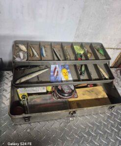 Antique fishing tackle box with contents