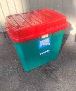 Large wheeled storage box green with hinged red lid