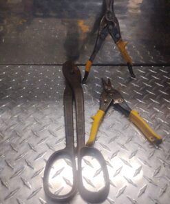 Qty 2 yellow handle tin snips and large metal tin snips