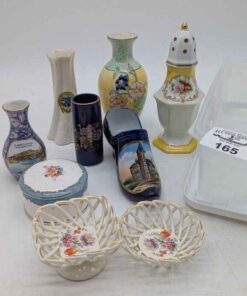 Trinket Box, porcelain shoe, mini vases, Sugar Caster, etc