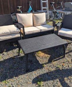 Woven patio loveseat, chairs/cushions and table