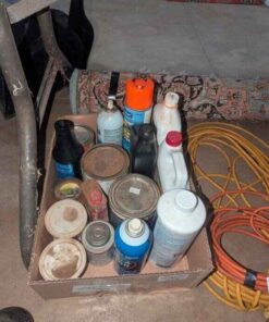 Jigg a loo, leak repair, engine oil & Assorted paint, varnish, etc