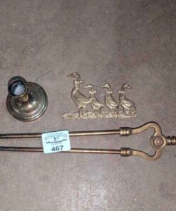 Brass Candle stick holder, brass duck wall plate, log holder